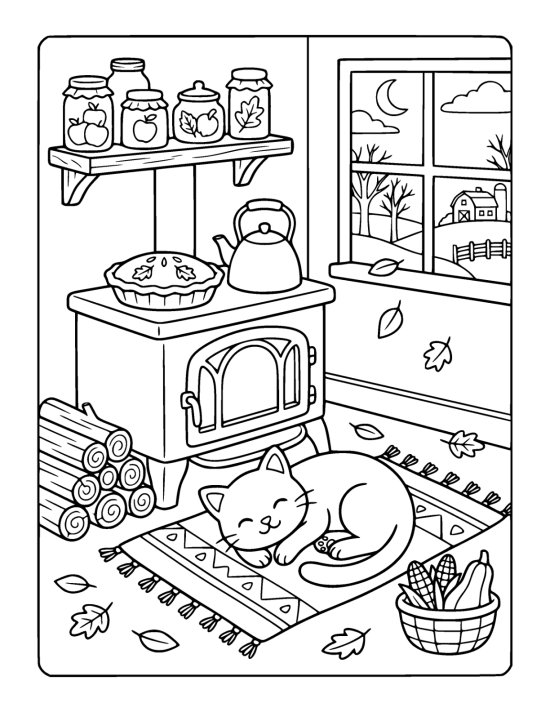 Cat curled asleep on a rug in front of an iron stove with a pie on top and a kettle beside it on a coloring page