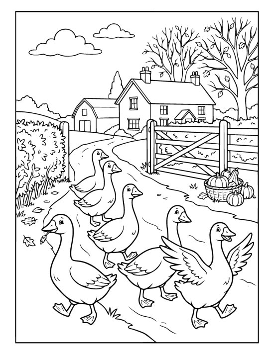 Line of geese walking up a country lane toward a farmhouse past a hedgerow and a gate on a coloring sheet