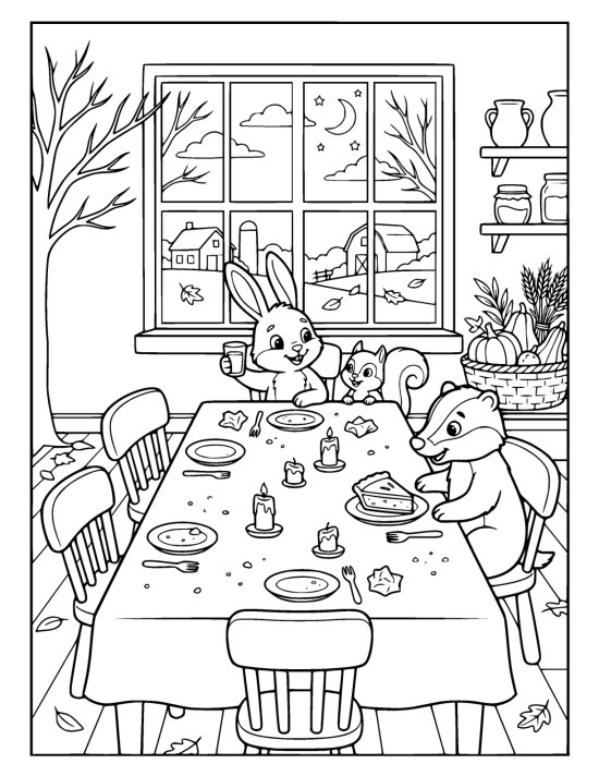 Long table after the meal with chairs pushed back, crumpled napkins, candles burnt low and one slice of pie left on a coloring page