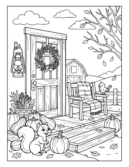 Farmhouse porch stacked with squashes and gourds along the steps, a wheat wreath on the door and a lantern on a hook on a coloring sheet