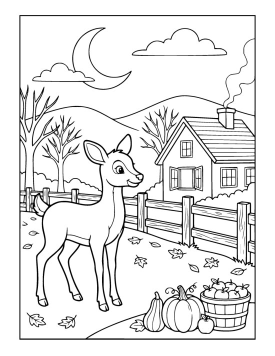 Deer standing at the edge of a bare field looking toward a farmhouse with lit windows behind a rail fence on a coloring page