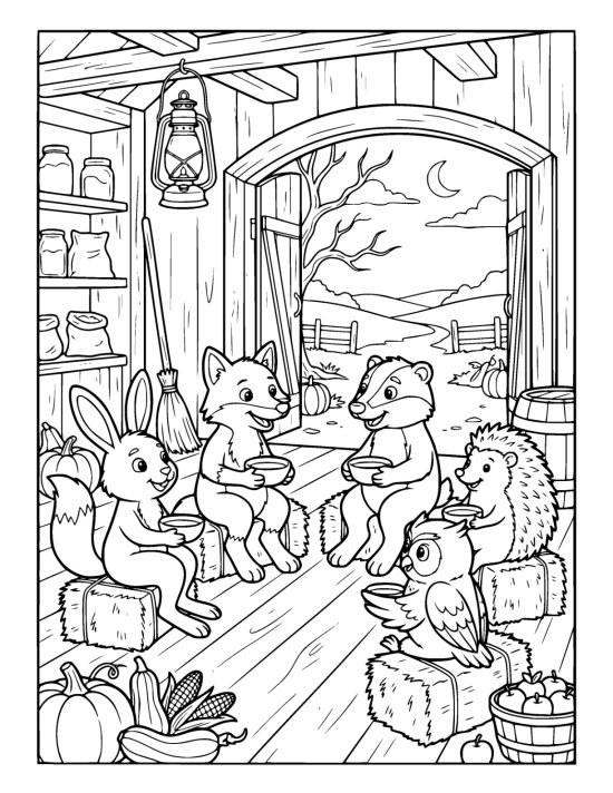 Woodland animals seated in a circle on straw bales inside a barn sharing bowls below a hanging lantern on a coloring sheet