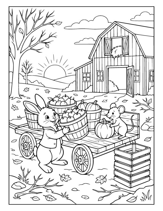 Bushel baskets heaped with apples and squash being loaded onto a flat wooden cart at dusk beside a barn on a coloring page
