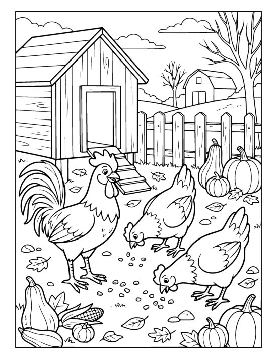 Rooster and three hens pecking in a farmyard among scattered gourds and corn kernels beside a chicken coop on a coloring sheet