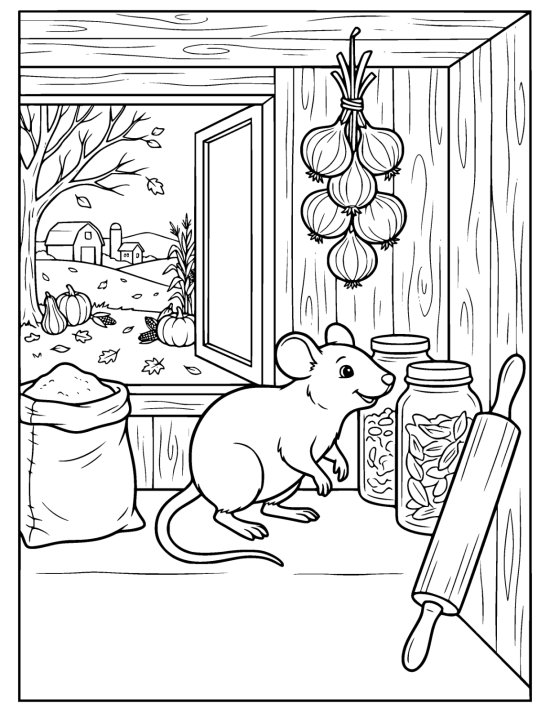 Mouse standing on a pantry shelf between tall jars and a sack of flour below a hanging bunch of onions on a coloring page