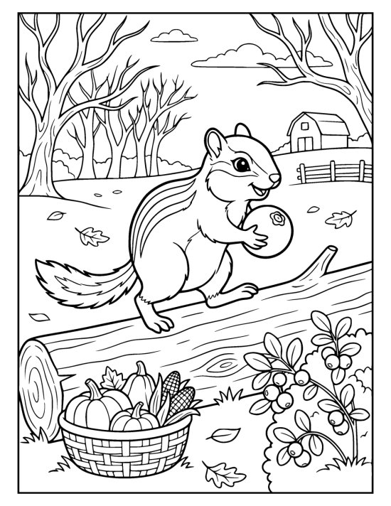 Chipmunk carrying a single round cranberry along the top of a fallen log with a spray of berries beside it on a coloring sheet