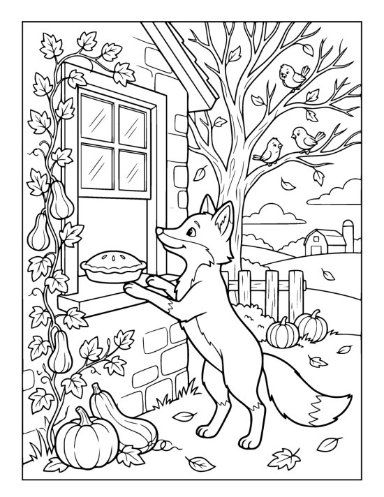 Fox with its front paws on a windowsill looking in at a pie, with a climbing plant up the wall behind it on a coloring page