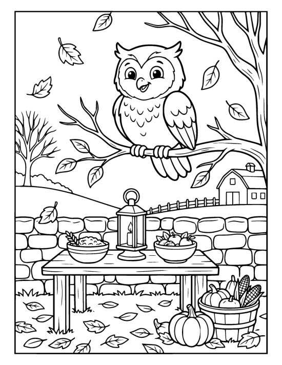 Owl perched on a branch directly above a small table laid outdoors with two bowls and a lantern on a coloring sheet