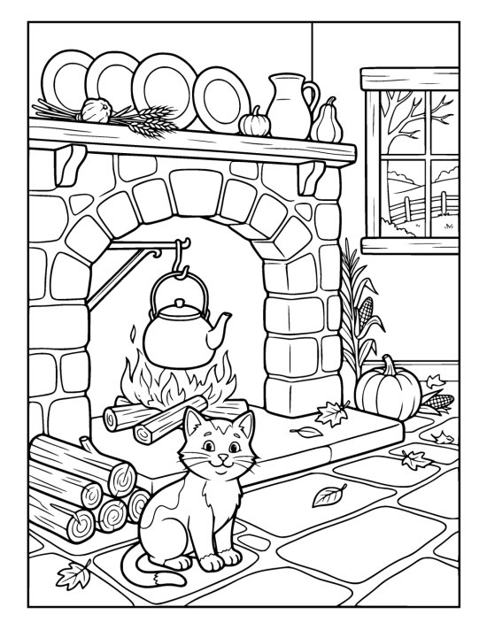 Wide stone hearth with a kettle hanging over the fire and a cat sitting on the flagstones in front on a coloring page