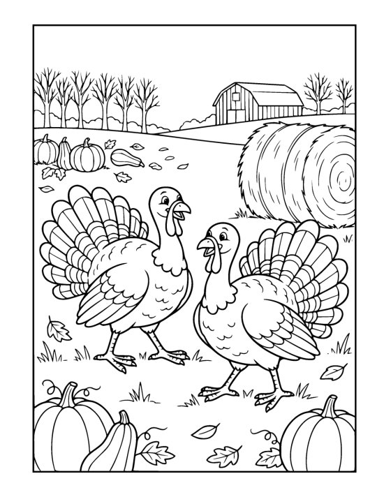 Two turkeys strutting past each other with tails fully fanned in a bare stubble field behind a hay bale on a coloring sheet