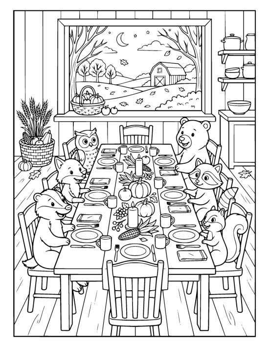 Long table seen down its length set with plates, cups and folded napkins, with candles and gourds down the middle on a coloring sheet