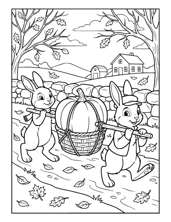 Two rabbits carrying an enormous pumpkin slung between them along a garden path beside a low stone wall on a coloring page