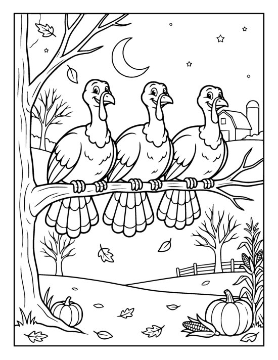 Three wild turkeys roosting side by side on a thick bare branch at dusk below a crescent moon on a coloring sheet