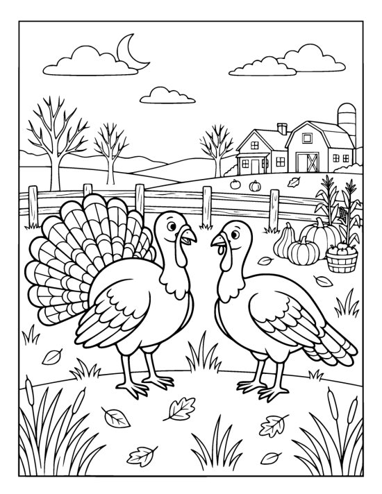 Wild turkey with its tail fanned wide facing a second turkey in a meadow of tall grasses behind a rail fence on a coloring page