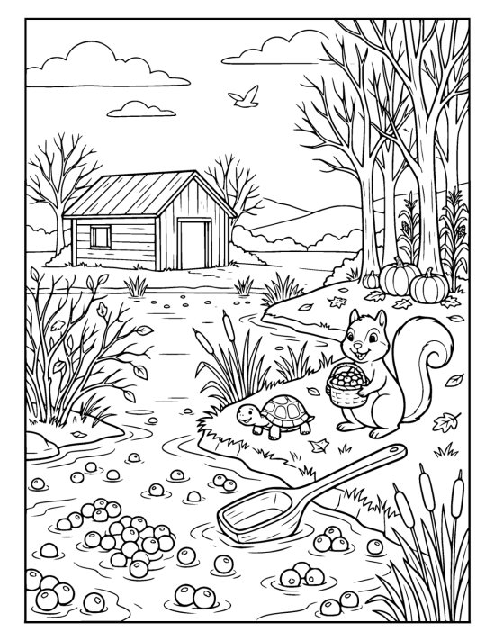 Round cranberries floating in a flooded bog with a wooden scoop resting at the edge and reeds along the bank on a coloring sheet