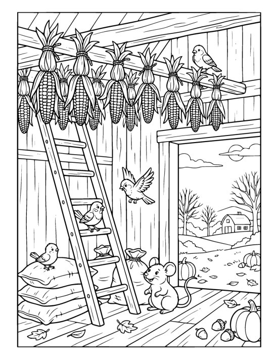 Rows of corn cobs hanging by their husks from a barn beam, with a ladder against the wall and sacks stacked below on a coloring page