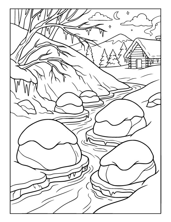 A stream running between big boulders with shelves of ice built up around them under heaped snow on a coloring sheet