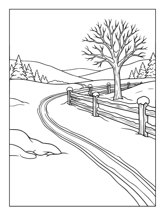 Two cross country ski tracks winding across an open snow field toward a snow topped fence on a coloring page