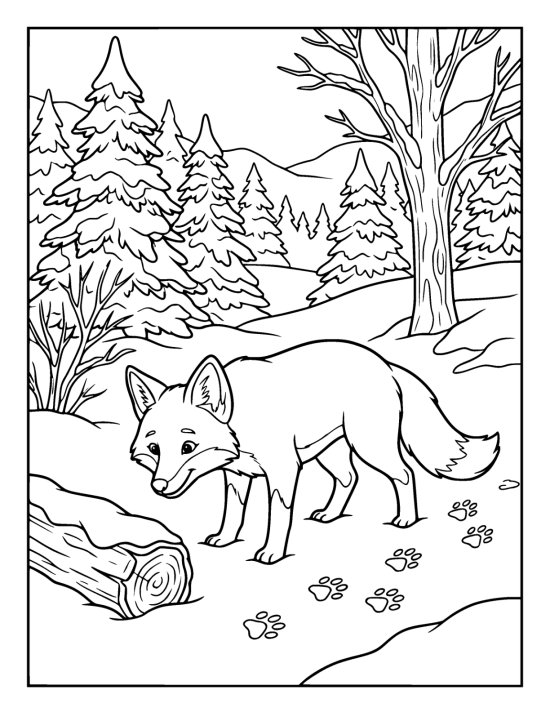 A red fox standing in deep snow with its head tilted listening and fresh paw prints behind it on a coloring sheet