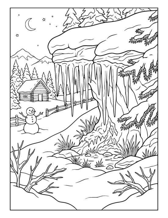 A rock overhang hung with a row of long thick icicles above frosted moss and dry grass on a coloring page
