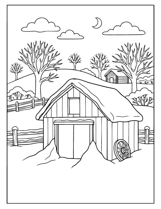 An old timber barn with a deep snow drift piled halfway up its double doors and bare trees behind on a coloring sheet