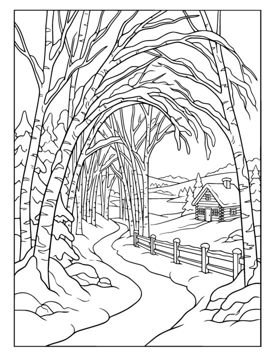 A grove of slender birch trees bowed under heavy snow forming arches over a narrow path on a coloring page