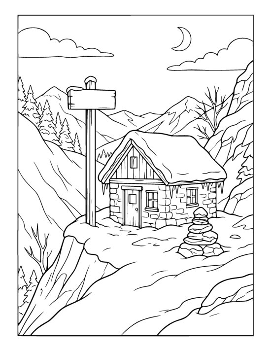 A small stone mountain hut with a snowy roof on a high saddle beside a marker post and a cairn on a coloring sheet