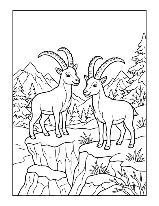 Two ibex with long curved horns standing on a snowy rocky crag with white peaks behind on a coloring page