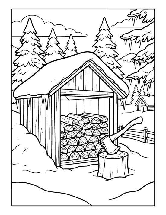 An open fronted woodshed under thick snow stacked with rows of split logs beside a chopping block on a coloring sheet