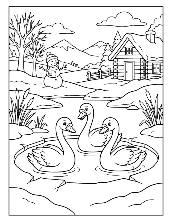 Three swans gathered at a patch of open water in a frozen lake ringed with broken ice on a coloring page