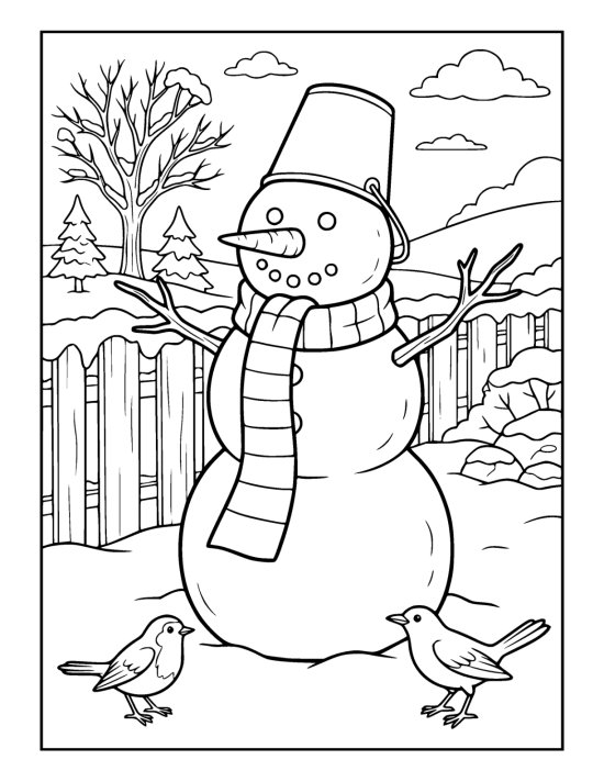 A snowman of three stacked snowballs with a carrot nose, twig arms, a long scarf and a bucket hat on a coloring sheet