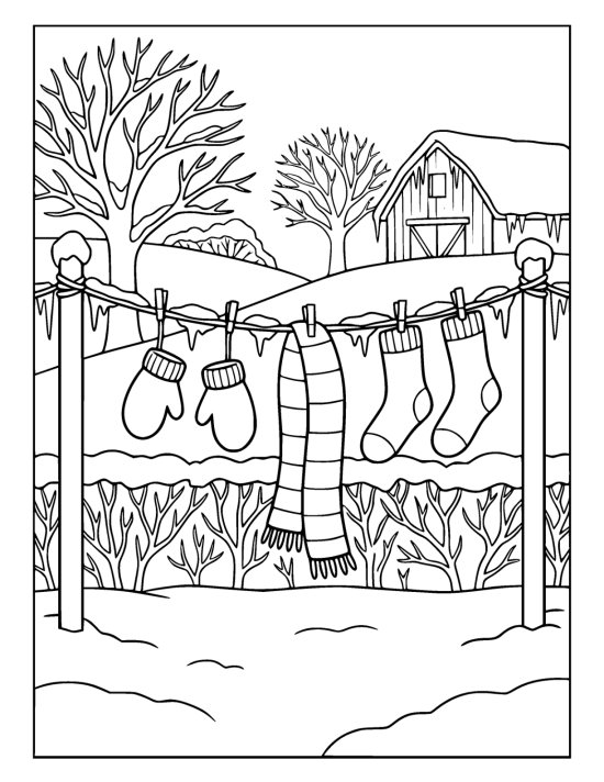 A washing line hung with frost stiffened mittens, a scarf and thick socks across a snowy garden on a coloring page