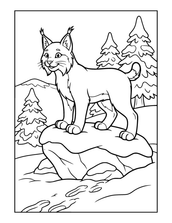 A lynx with tufted ears standing on a snow covered boulder with its tracks leading up to the rock on a coloring sheet