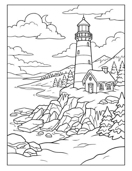 A tall lighthouse on a rocky headland with sea ice piled in broken slabs against the rocks below on a coloring page