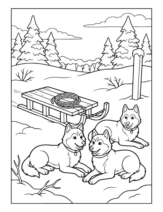 Three husky dogs resting in the snow beside an empty wooden sled with a coil of rope on a coloring sheet