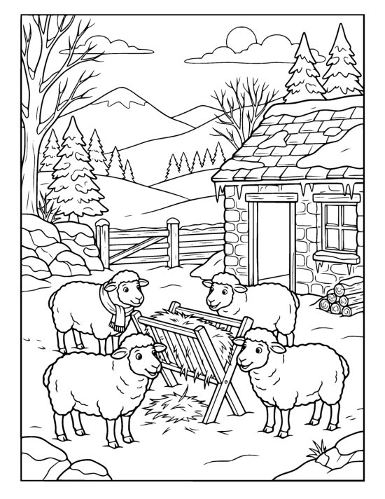 Four woolly sheep around a hay rack beside a low stone shepherd hut under snow on a coloring page