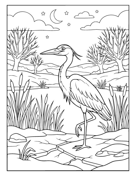 A grey heron standing on one leg at the edge of a frozen marsh among tall frozen reeds on a coloring sheet
