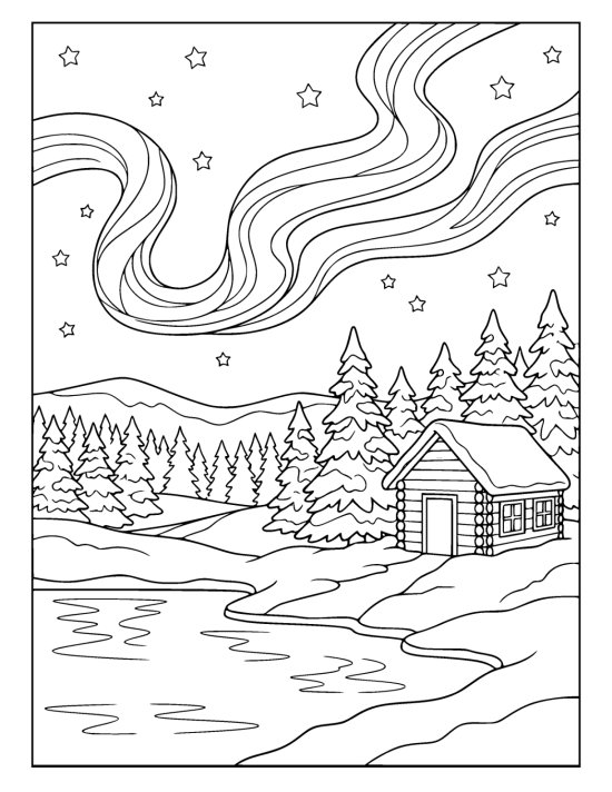 Fox, rabbit and bird tracks meeting in fresh snow beside a bare dusted bush on a coloring sheet