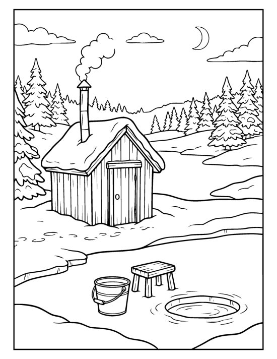 A small ice fishing hut on a frozen lake with a hole cut in the ice, a bucket and a stool on a coloring sheet