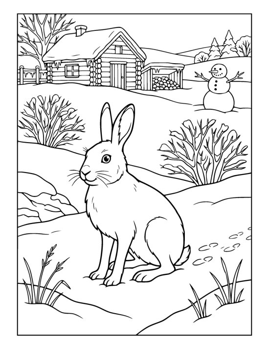 A mountain hare in its white winter coat sitting in deep snow with its tracks trailing behind on a coloring page