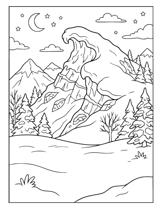 A high mountain ridge with a curling wind carved snow cornice above a wide untouched snowfield on a coloring sheet