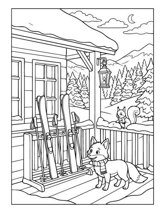 Skis and poles standing in a wooden rack on a snow covered mountain lodge porch with a hanging lantern on a coloring page