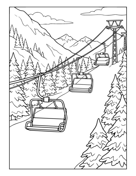 An empty chairlift on a cable between two pylons running above snow covered fir trees on a coloring sheet