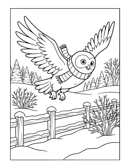 A snowy owl flying low with both wings spread wide above an open snow field and a fence line on a coloring page