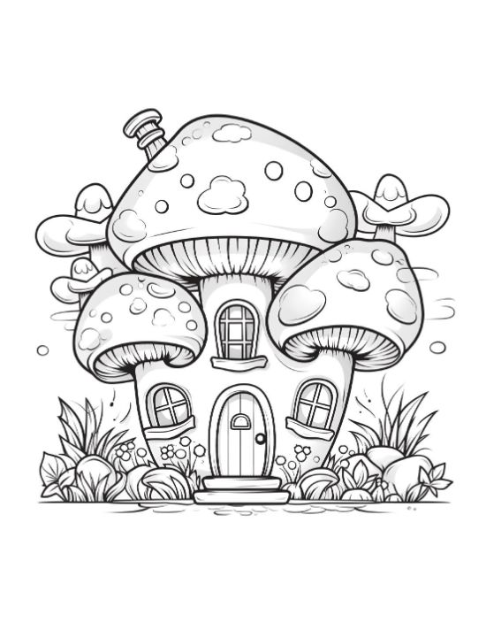 A mushroom house surrounded by greenery