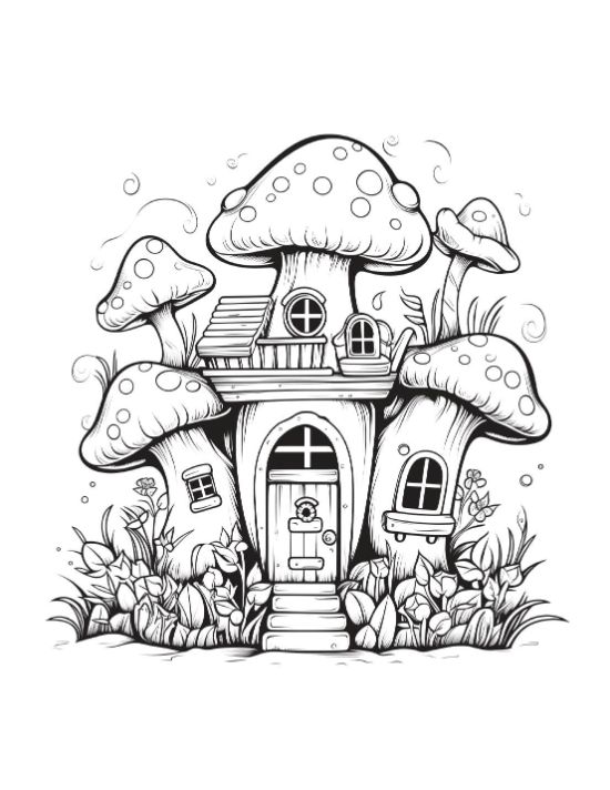 A fairy house among tall mushrooms