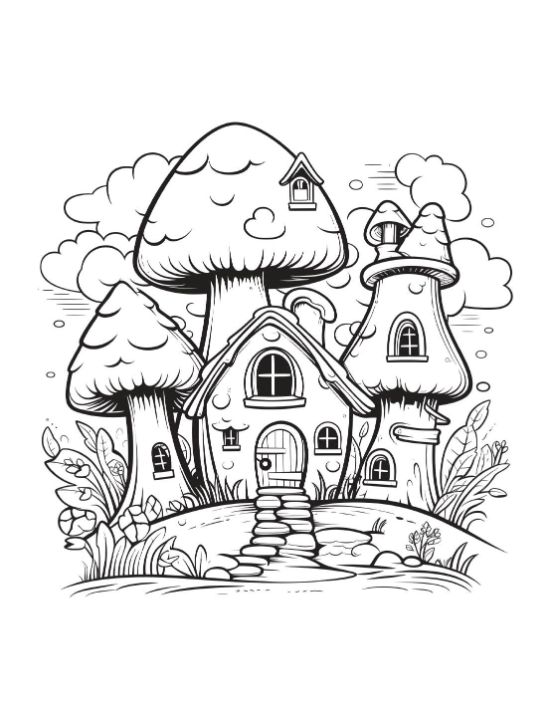 A magical mushroom house with a curling path