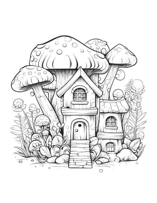 A whimsical mushroom house with flowers