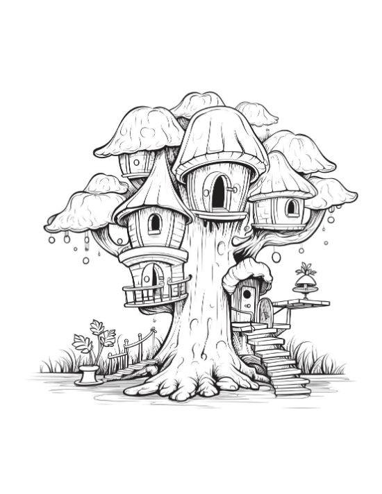 An enchanting house perched among mushrooms