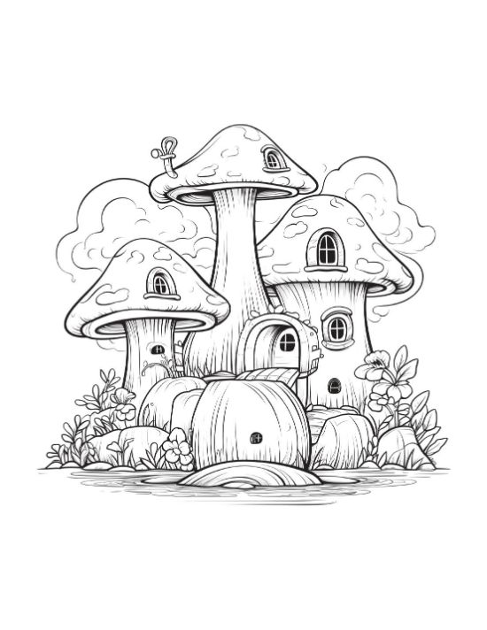 A cluster of fairy houses with toadstools